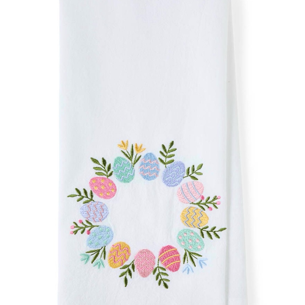 Easter White Embroidered Egg Wreath Kitchen Towel